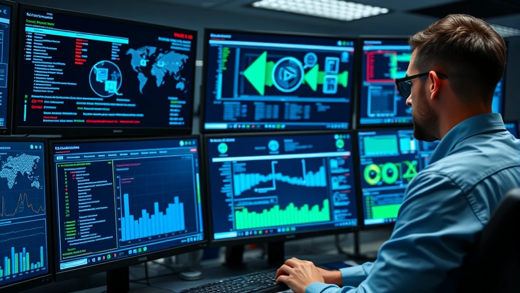 Professional cybersecurity expert monitoring multiple digital security dashboards displaying real-time threat detection and network activity, blue and green data visualizations on screens, secure command center environment, no text or code visible