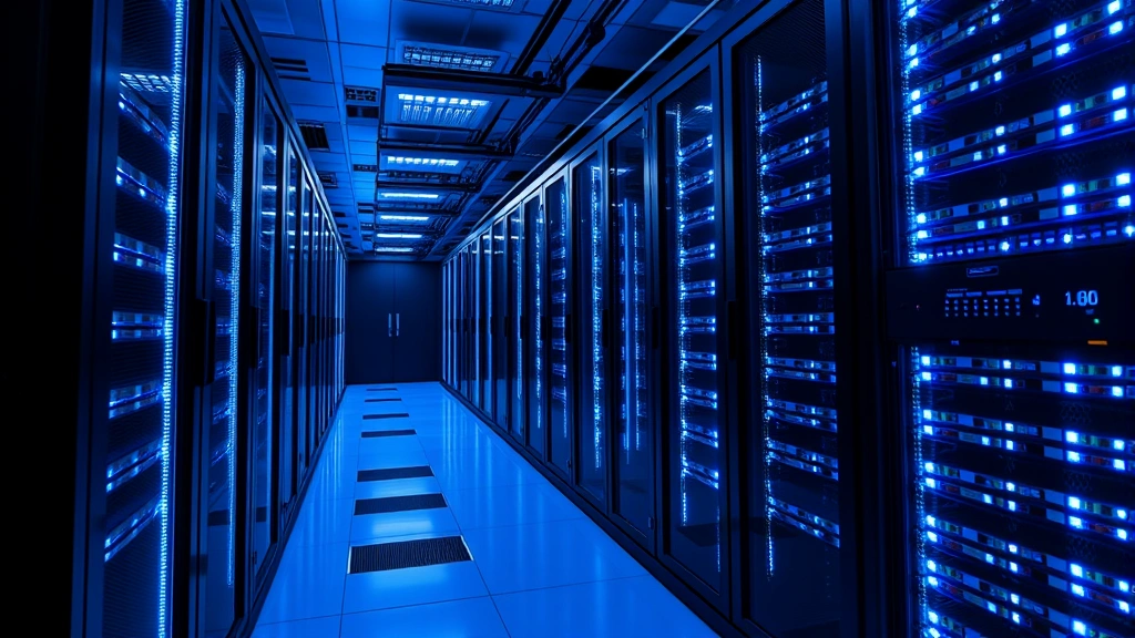 Modern data center with server racks and blue LED lighting representing secure data storage infrastructure, emphasizing physical security and encrypted information protection, professional technology environment