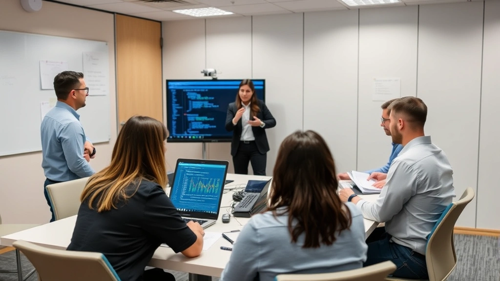 Team of security professionals conducting cybersecurity training session in conference room, reviewing security protocols and incident response procedures, collaborative workplace environment, no visible text or documents with readable content