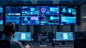 Digital security professional monitoring network screens in modern cybersecurity operations center with multiple displays showing data protection systems, focused concentration on cyber threat prevention and child safety monitoring systems