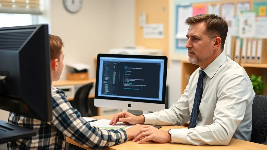 School administrator conducting secure background check verification on desktop computer in organized office environment, reviewing employment screening systems and offender database access for child protection compliance