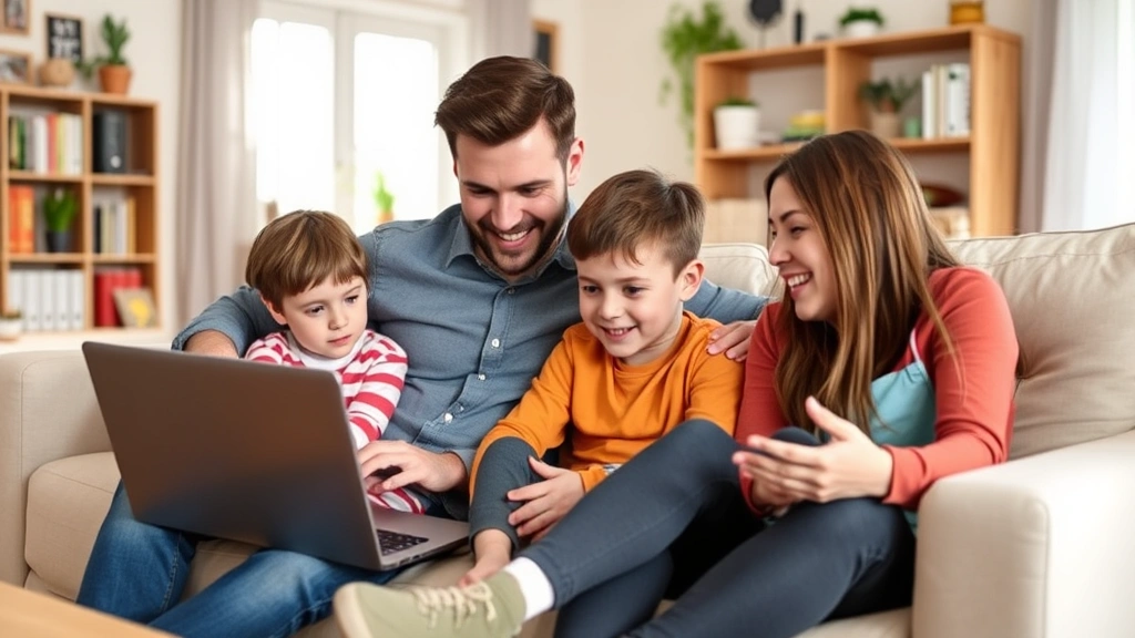 Family sitting together in home living room, parent and children discussing online safety with laptop visible, comfortable educational setting demonstrating digital literacy and internet safety conversation between guardians and youth