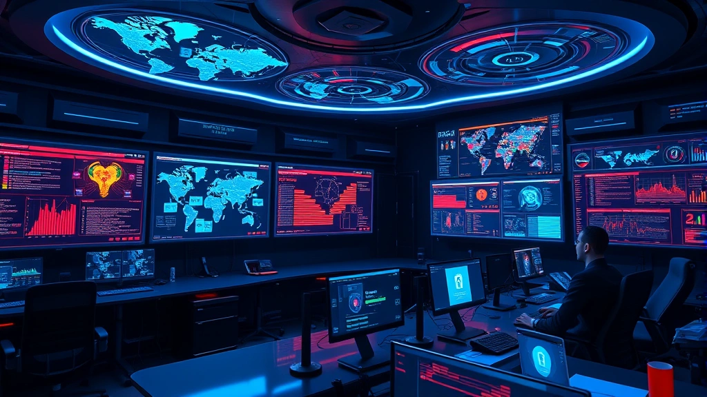 Futuristic cybersecurity operations center with multiple holographic displays showing real-time threat detection heatmaps, security analysts monitoring adaptive defense systems, glowing network nodes and data streams, dark blue and neon color scheme, no text or code visible