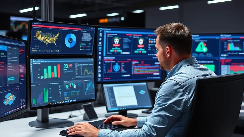 Security team member at modern workstation with multiple monitors displaying threat intelligence dashboards, adaptive security alerts, and response automation controls, professional cybersecurity environment, no visible code or security alert messages with text