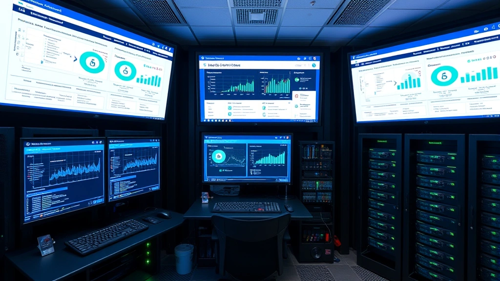 Data center network security room with multiple monitoring screens displaying real-time threat analytics dashboards, blue and green security status indicators, professional cybersecurity operations environment
