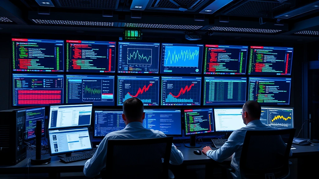Network security operations center with multiple displays showing real-time threat detection dashboards, cybersecurity analysts monitoring adaptive appliance alerts and threat intelligence feeds in professional data center environment