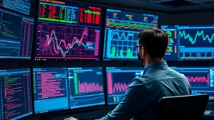 A security analyst monitoring multiple displays showing network traffic flows with color-coded threat indicators and analytics dashboards, focused professional in modern cybersecurity operations center