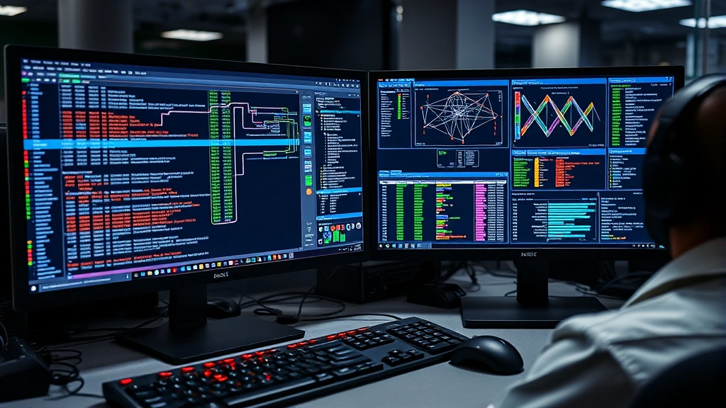 Network administrator workstation with dual monitors showing packet analysis visualizations, traffic flow diagrams, security event logs, and threat detection metrics in a modern SOC environment
