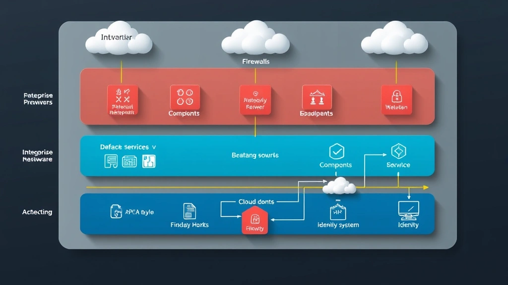 Enterprise network architecture diagram visualization showing multiple security layers including firewalls, endpoints, cloud services, and identity systems working together in integrated defense framework