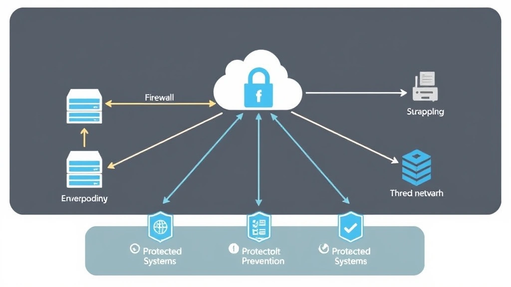 Enterprise network infrastructure diagram visualization showing firewalls, security appliances, and protected systems with data flow arrows and threat prevention checkpoints highlighted