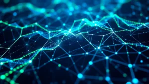 Digital holographic network visualization with flowing data streams in blue and green, representing real-time threat monitoring and adaptive defense mechanisms protecting interconnected systems