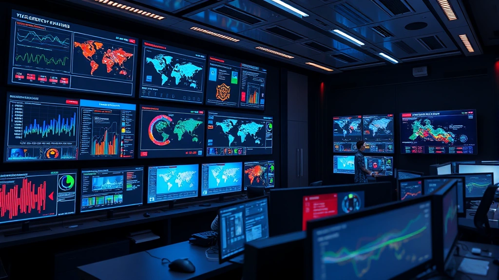 Futuristic security operations center with multiple display screens showing data analytics dashboards, heat maps, and threat intelligence feeds, security professionals monitoring systems, modern workspace with advanced technology