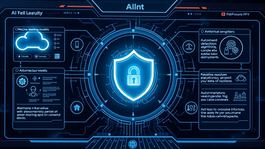 Futuristic AI-powered security interface displaying machine learning models, anomaly detection algorithms, and autonomous response mechanisms protecting cloud infrastructure and connected devices