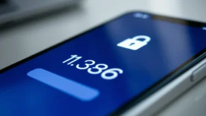 Close-up of a smartphone displaying a two-factor authentication code screen with numeric digits and a security lock icon glowing, modern device with blurred background, photorealistic