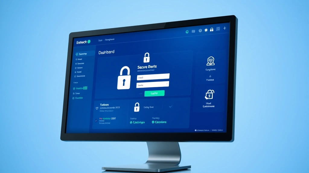 A computer monitor showing a secure login dashboard with encrypted padlock symbols, identity verification checkmarks, and security status indicators in blue and green tones, professional cybersecurity interface appearance