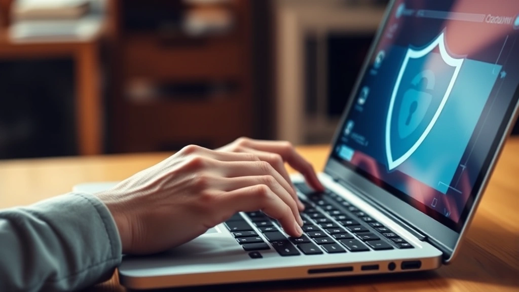 Hands typing on a laptop keyboard with a virtual shield protection overlay visible on the screen, representing online account security and digital protection, warm office lighting