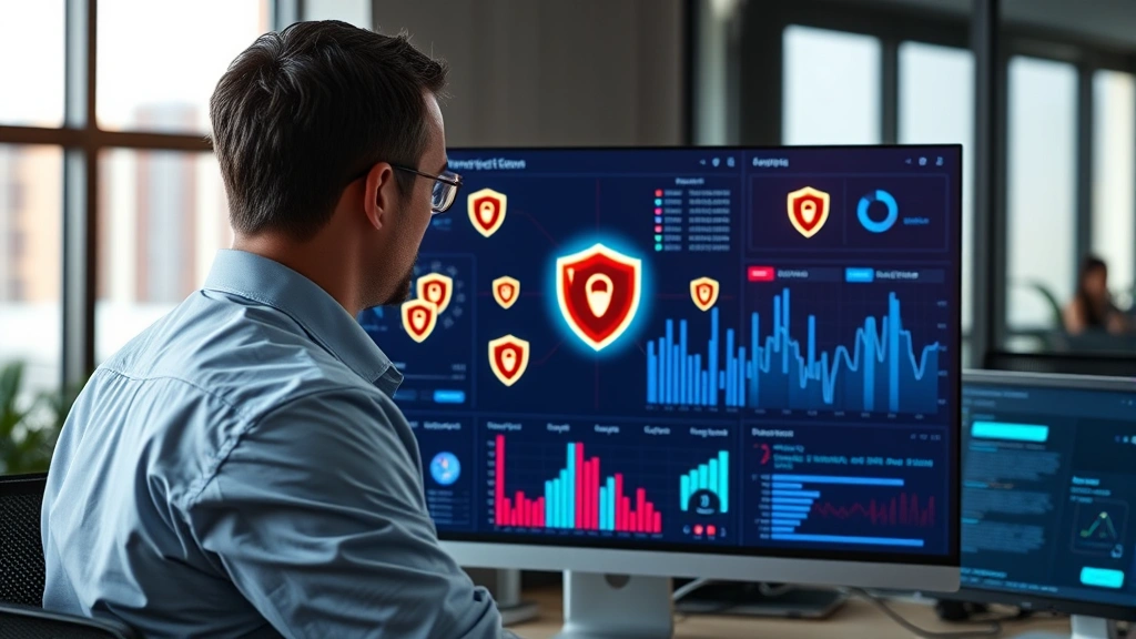 Professional cybersecurity expert monitoring digital protection dashboard with glowing shield icons and threat detection analytics on computer screen, modern office setting
