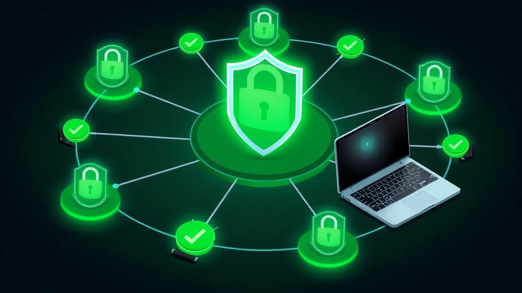 Multiple devices smartphone tablet laptop arranged in circle with green security checkmarks and interconnected protection network visualization