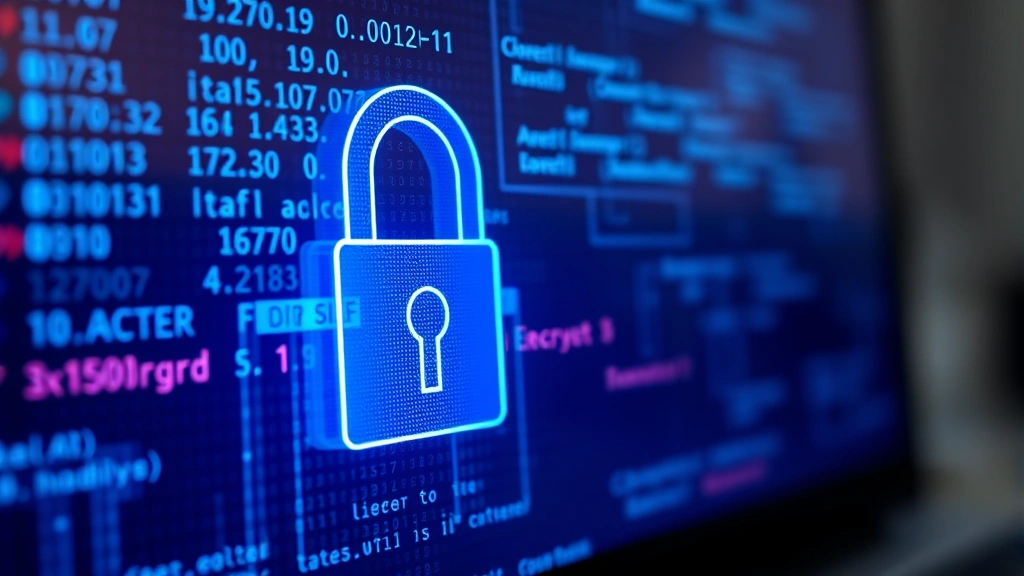 Close-up of a digital padlock glowing blue on a computer screen with encrypted data visualization in the background, modern cybersecurity aesthetic