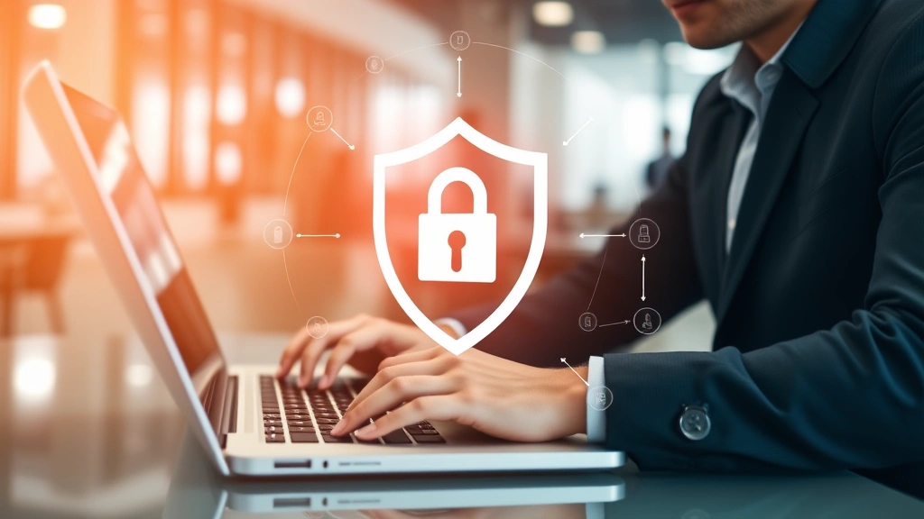 Person using laptop with security shield icon overlay, representing data protection and encryption technology, modern office setting