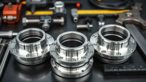 Professional stainless steel adjustable spacer components laid out showing threaded adjustment mechanism and mounting flanges, industrial lighting, precise measurement tools nearby, photorealistic detail