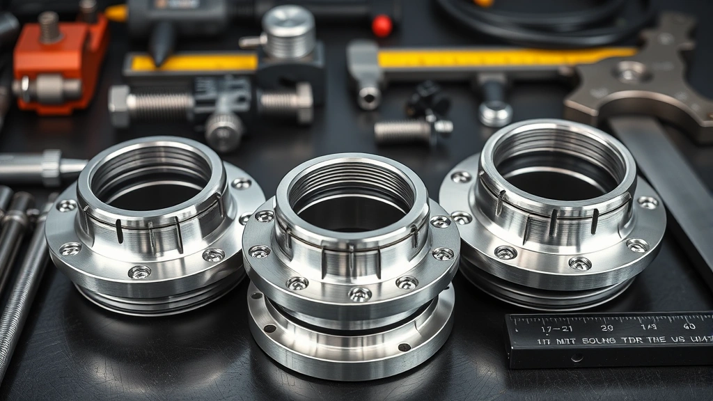 Professional stainless steel adjustable spacer components laid out showing threaded adjustment mechanism and mounting flanges, industrial lighting, precise measurement tools nearby, photorealistic detail