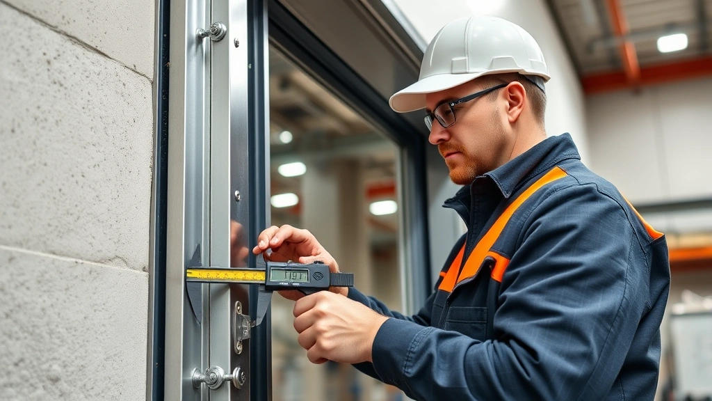 Maintenance technician using precision tools to inspect steel door frame alignment and spacer assembly, checking with level and calipers, professional facility setting, realistic photography