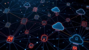 Network visualization showing interconnected application nodes with flowing data streams between servers, databases, and cloud services in a dark secure environment