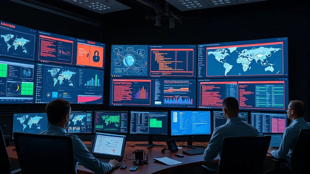 Photorealistic image of a cybersecurity operations center with multiple large monitors displaying security dashboards, network topology visualizations, and threat indicators in real-time, showing professionals monitoring security systems from a modern command center environment