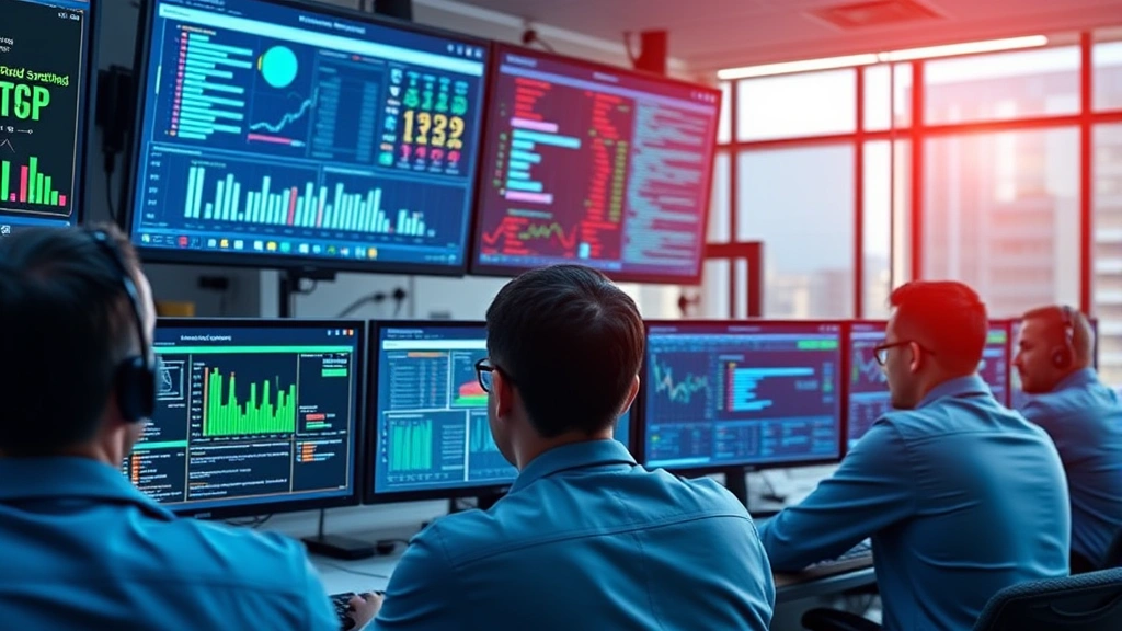 Network security operations center with cybersecurity professionals monitoring multiple screens displaying real-time threat data and system health metrics in a modern corporate environment