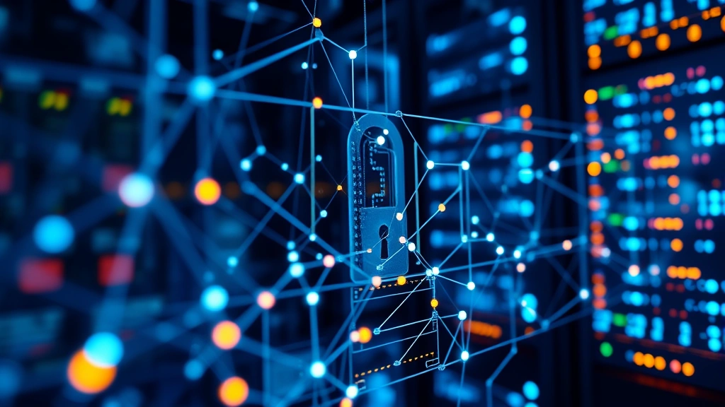 Close-up of digital security infrastructure showing encrypted data transmission with glowing network nodes and secure connections between servers in a data center setting