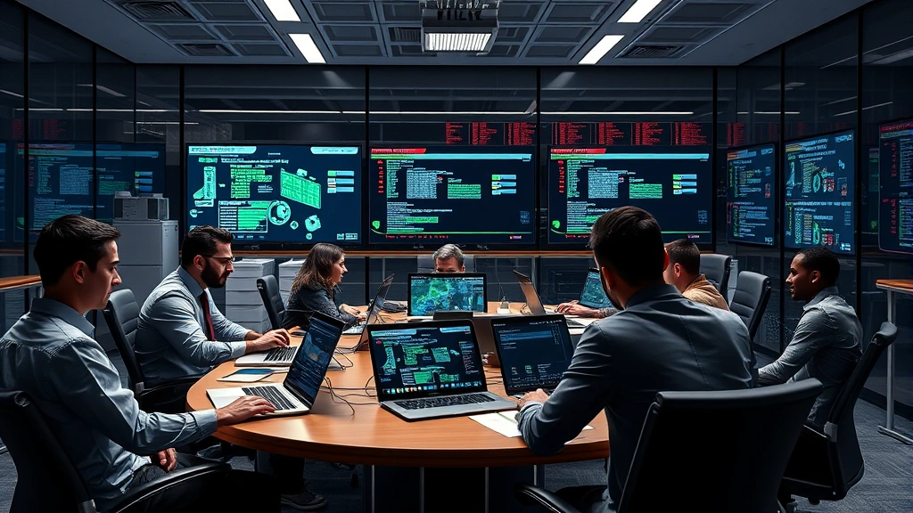 Photorealistic image of incident response team collaborating around a conference table with laptops and security monitoring systems visible, showing professional cybersecurity analysts reviewing threat intelligence and coordinating response strategies in a corporate security operations facility