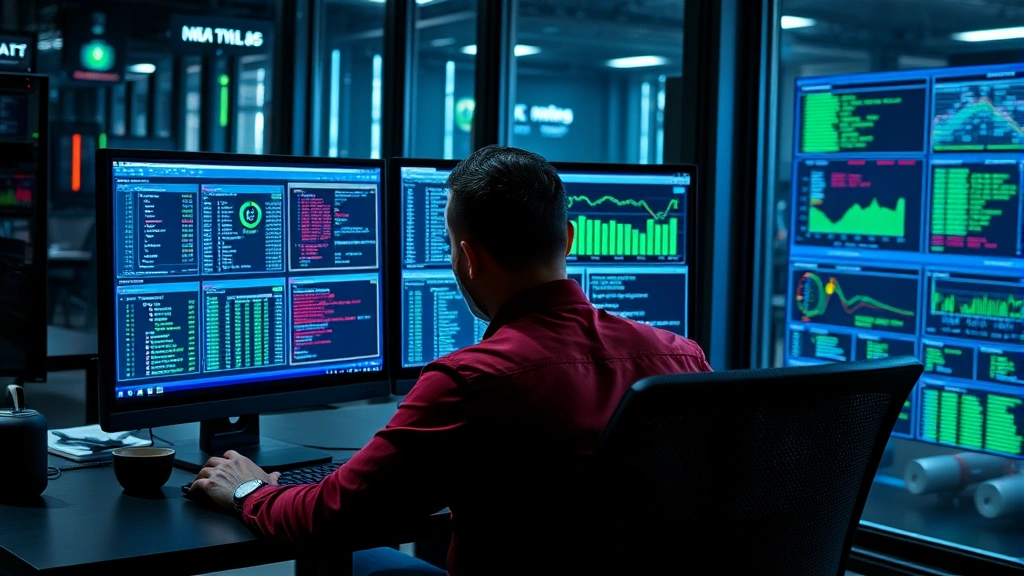 Cybersecurity analyst reviewing authentication logs and access control dashboards on computer monitors while maintaining strict data protection protocols in a secure facility