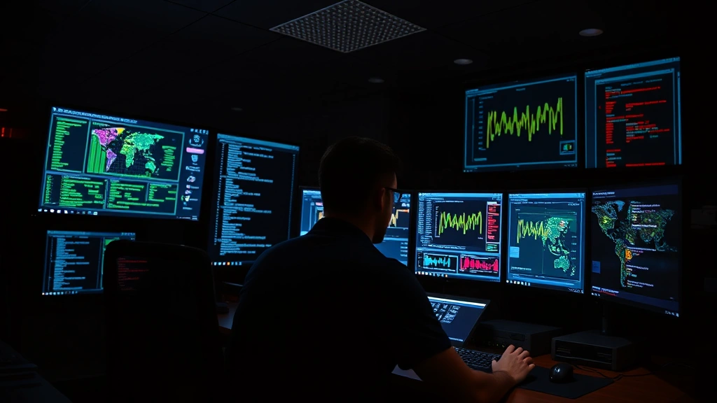 Cybersecurity professional monitoring network traffic on multiple screens in a darkened security operations center, with real-time data visualizations and threat intelligence dashboards glowing on displays