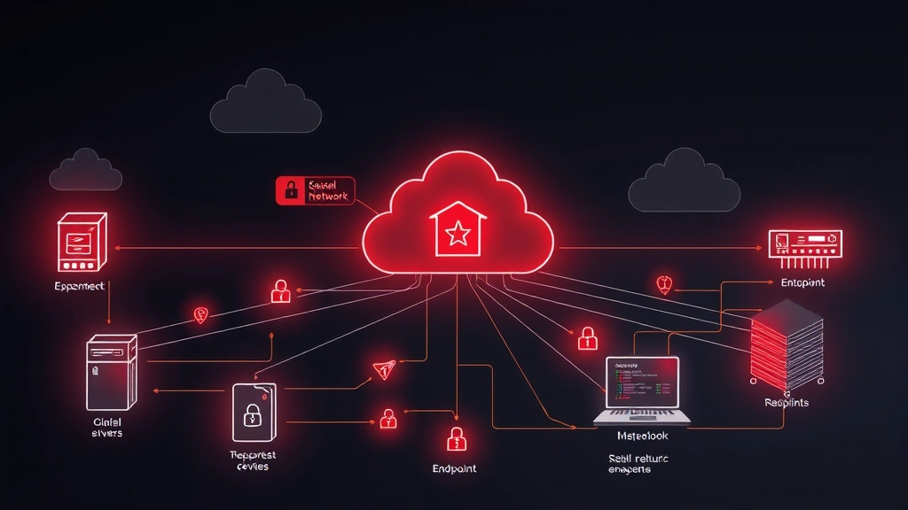 Enterprise network infrastructure diagram showing interconnected security systems including firewalls, servers, and endpoints with digital threat indicators flowing across network connections