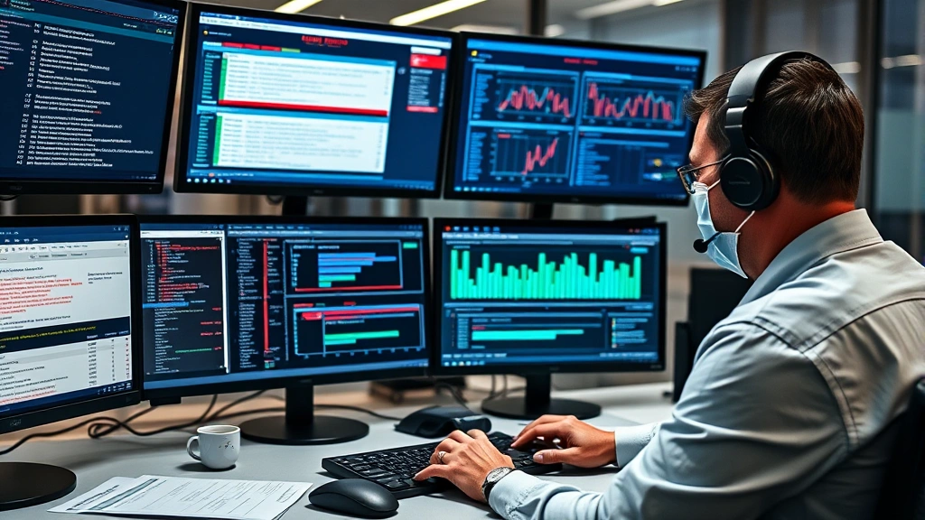 Security analyst reviewing incident response procedures at a desk with multiple monitors displaying security alerts, threat logs, and system performance metrics in a corporate security environment