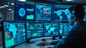 Professional cybersecurity analyst monitoring multiple security dashboards with real-time threat data visualizations and network topology displays in a modern operations center with blue and green holographic interface elements