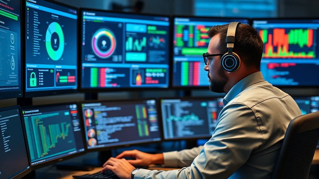 Professional cybersecurity specialist monitoring multiple screens displaying real-time security dashboards with authentication logs and network traffic analysis in a modern corporate security operations center
