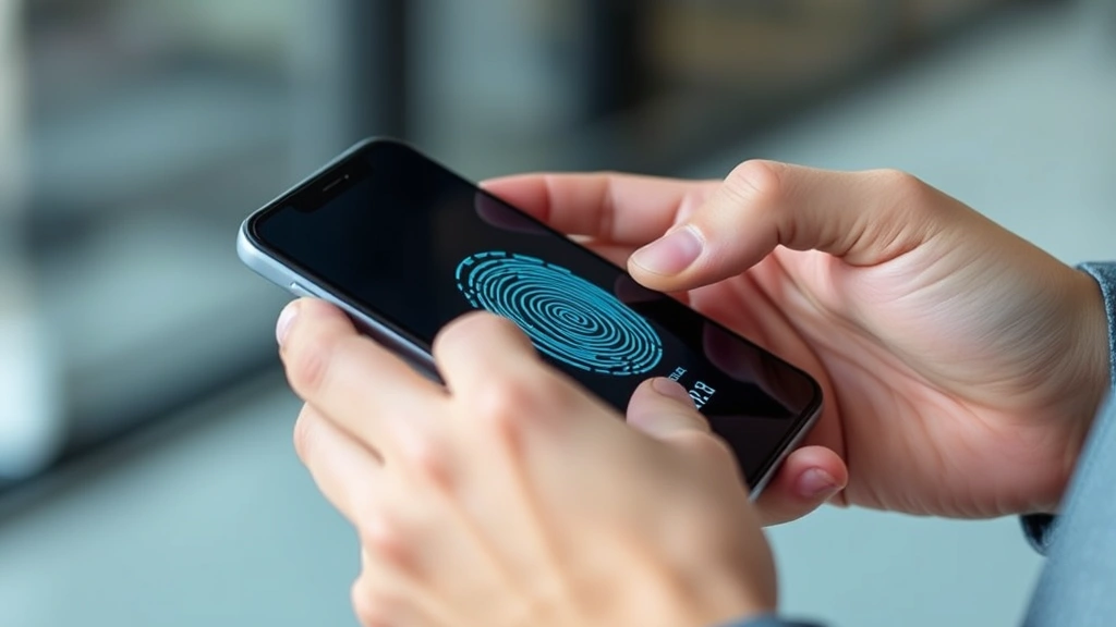 Hands using smartphone with biometric fingerprint authentication scanning on mobile device screen, representing multi-factor authentication technology for secure remote access