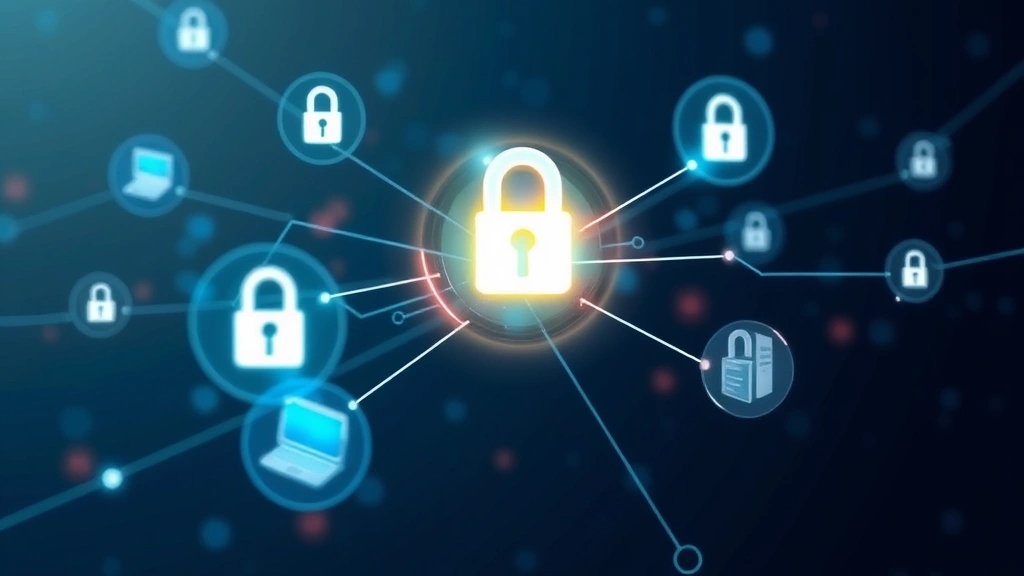 Network security visualization showing encrypted data transmission between distributed remote workers and corporate servers with lock symbols and security indicators