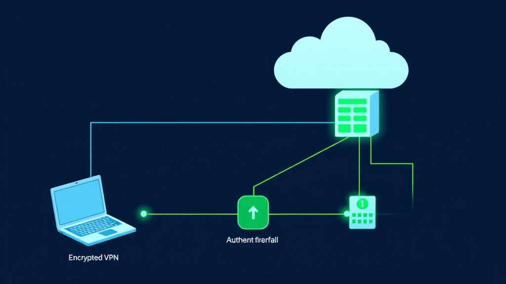 Network diagram visualization showing encrypted VPN tunnel connecting remote worker laptop to corporate firewall with security layers and authentication checkpoints illustrated in blue and green