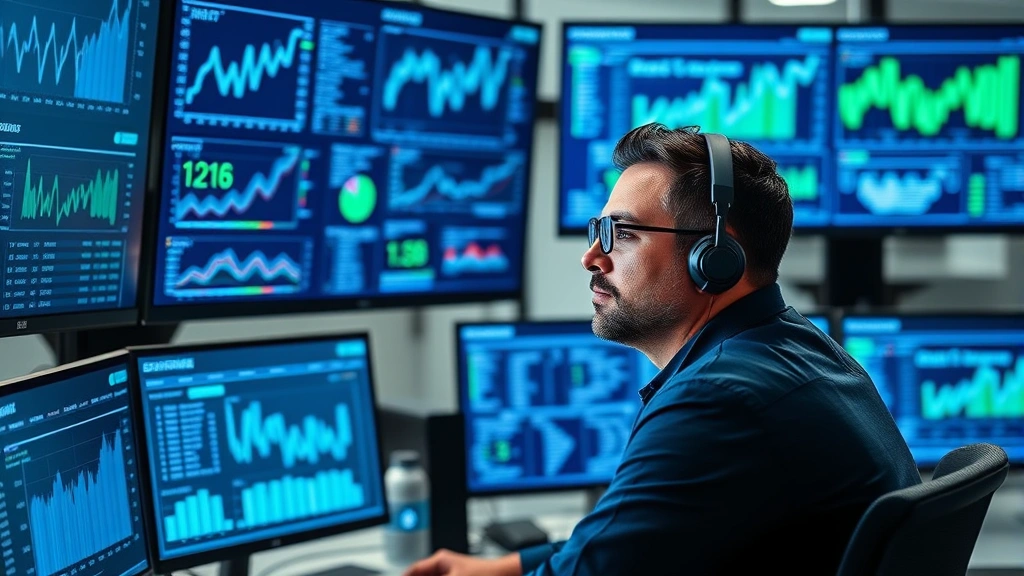 Professional cybersecurity analyst monitoring multiple screens displaying real-time security dashboards with graphs and metrics, blue and green data visualization, modern office environment, focused expression