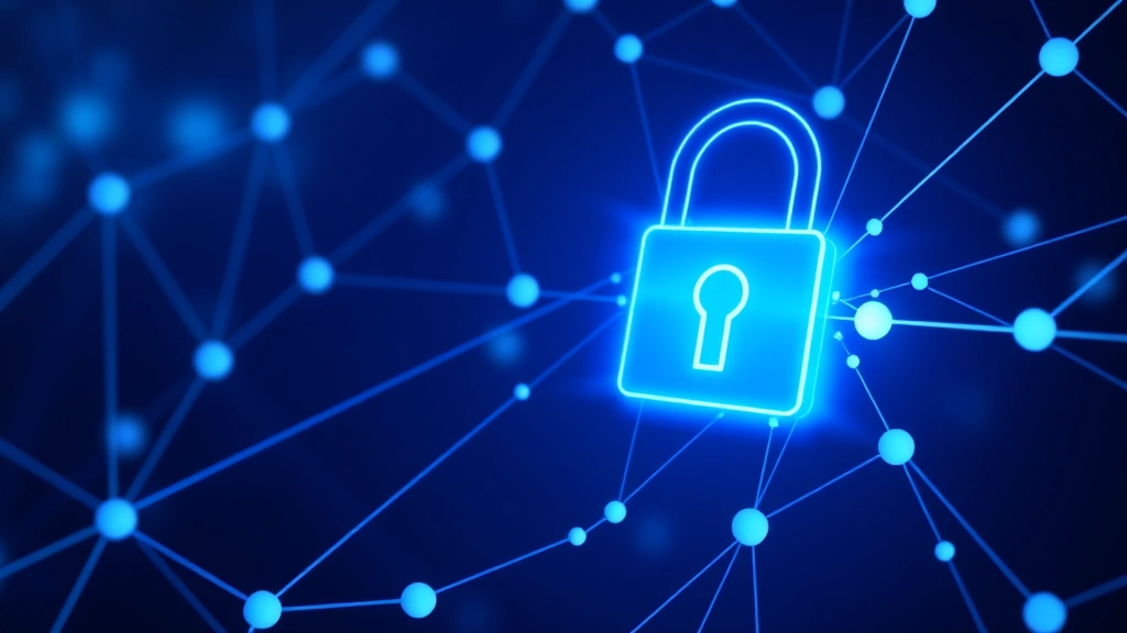 Digital padlock symbol glowing with blue light surrounded by interconnected nodes representing data protection and encryption, abstract network background, secure technology concept