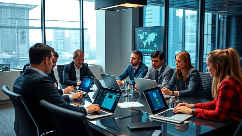 Team of IT security professionals in a conference room reviewing security documentation and compliance reports on laptops and tablets, collaborative workplace, serious professional setting