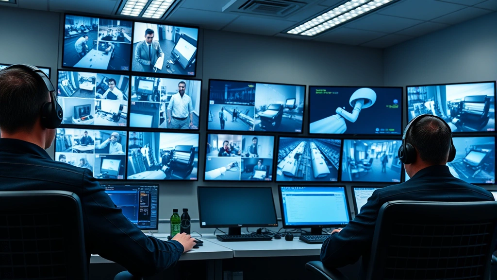 Professional security control room with multiple monitors displaying live camera feeds from different business locations, operators in headsets monitoring alerts, blue and green indicator lights on equipment, modern facility with organized workstations