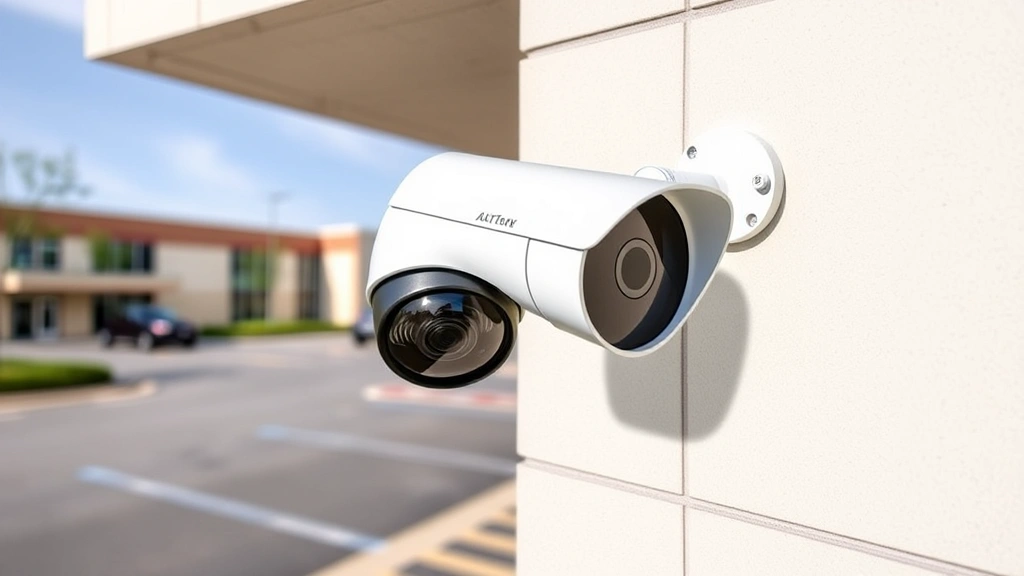 Advanced IP camera mounted on exterior building corner, pointing toward parking lot and entrance, weatherproof housing with visible lens, mounting bracket detail, professional installation quality, daytime clear visibility