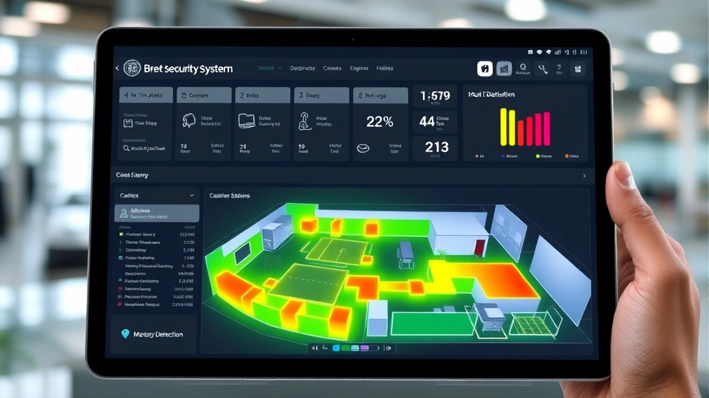 Business security system dashboard displayed on modern tablet device, showing real-time alerts, access logs, camera status indicators, heat map of facility with motion detection zones highlighted in color overlay