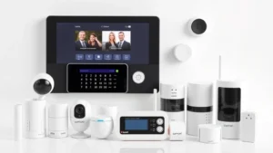 Professional home security system control panel with multiple sensors, alarm keypad, and wireless devices displayed on white background, photorealistic modern design