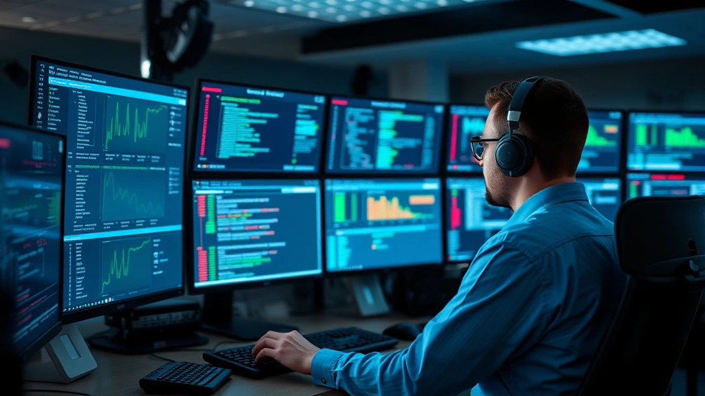 Cybersecurity specialist monitoring multiple computer screens showing network activity, encryption protocols, and security data streams in professional monitoring center environment