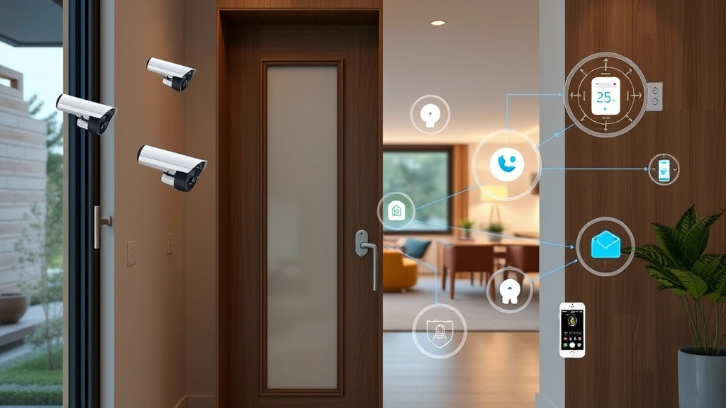 Modern home interior showing integrated security cameras, smart lock on door, motion sensors, and connected smart home devices with secure network visualization